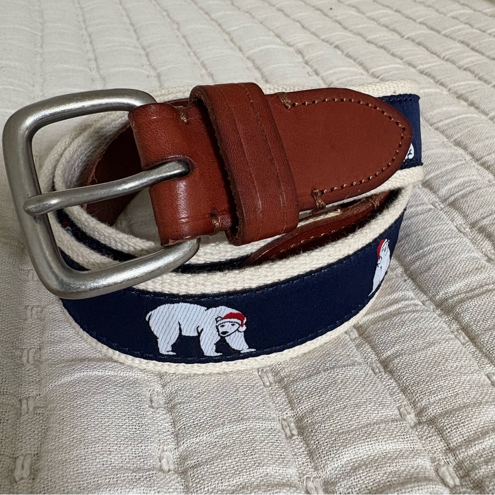 J. Crew Santa Polar Bear Christmas Holiday Print Belt Canvas Leather Men’s 32